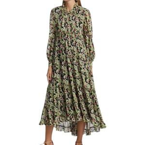 Cinq A Sept Lucille Tiered Ruffle Floral Midi Dress Abstract Green Prairie 0 NWT